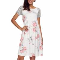 White Backdrop Floral Print A-line Loose T-shirt Dress