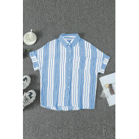 Sky Blue V Neck Stripes Roll Up Sleeve Button Up Shirt