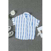 White V Neck Stripes Roll Up Sleeve Button Up Shirt