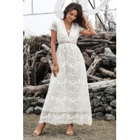 White V Neck Lace Maxi Dress