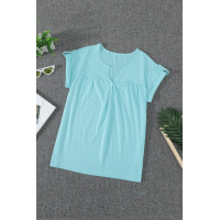 Sky Blue Buttoned Detail Cotton Blend Short Sleeve T-shirt