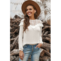 White Hollow-out Ruffle Long Sleeve Blouse