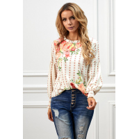 Apricot Crewneck Floral Printed Balloon Sleeves Blouse