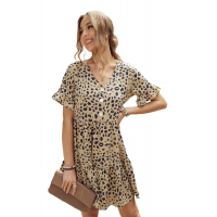 Leopard V Neck Ruffled Mini Dress with Buttons