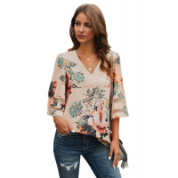 Apricot 3/4 Flared Sleeve Floral Blouse