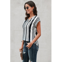 White V Neck Stripes Roll up Short Sleeve Zip Up Blouse