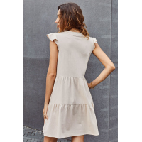 Beige Short Ruffled Sleeve V Neck Tiered Gathered Dress