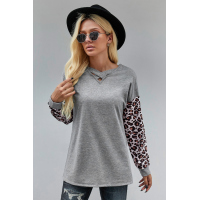 Gray Crisscross V Neck Leopard Sleeve Blouse