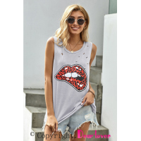 Leopard Lips Distressed Boyfriend Tank In Gray