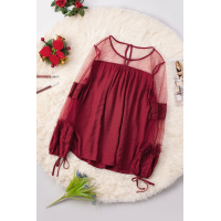 Red Fashion Lantern-Sleeve Lace Patchwork Top