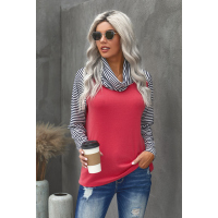 Blue Cowl Neck Stripe Splice Casual Long Sleeve Top