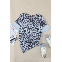 Sky Blue Fierce Leopard Print Color Blocking Tee