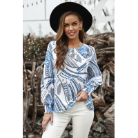 White Printed Lantern Sleeve Top