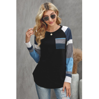 Black Color Block Striped Pocket Long Sleeve Top