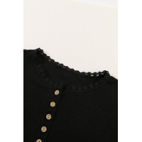 Black Buttoned Ribbed Knit Short Sleeve Top