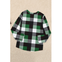 Green Contrast Plaid V Neck Long Sleeve Top