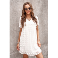 White V Neck Pompom Babydoll Style Short Sleeves Flowy Mini Dress