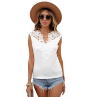 White V Split Neck Crochet Patchwork Tank Top