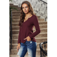 Wine V Neck Cotton Blend Long Sleeve Top