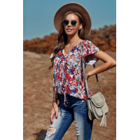 Blue V-neck Short Sleeve Fashion Print Fantasy Fluttering Blouse