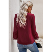 Red Boho Floral V Neck Long Sleeve Casual Top