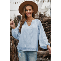 Sky Blue V Neck Lantern Sleeve Textured Solid Top