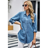 Roll up Long Sleeves Frayed Hem Denim Shirt