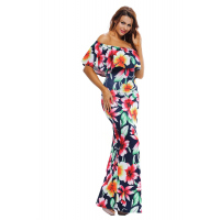 Navy Blue Roses Print Off-the-shoulder Maxi Dress