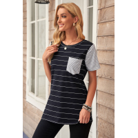 Black Striped Short Sleeve Contrast Color T-Shirt with Pocket