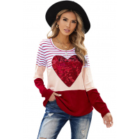 Red Heart Sequins Striped Long Sleeve Top