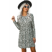 Gray Long Sleeve Leopard Print Mini Dress