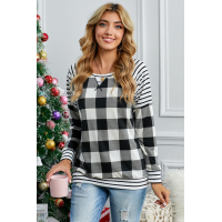 Black Buffalo Plaid Stripe Splicing Long Sleeve Top