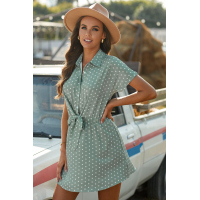 Green Polka Dot Shirt Collar Short Sleeve Mini Dress