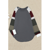 Color Block Long Sleeves Gray Pullover Top