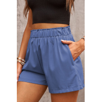 Blue Cotton Blend Pocketed High Rise Shorts 