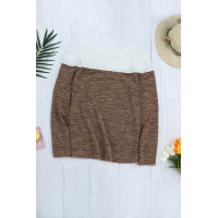 Brown Colorblock Crochet Hollow Out Long Sleeve Top