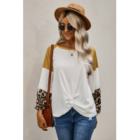 Leopard Long Sleeve Waffle Knit White Blouse with Twist Knot