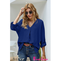 Royal Blue V Neck 3/4 Sleeve High Low Hem Shirt