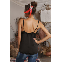 Black V-Neck Ruffle Adjustable Spaghetti Strap Tank Top