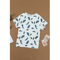 White Feather Print Short Sleeve Tee