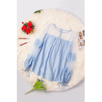 Sky Blue Fashion Lantern-Sleeve Lace Patchwork Top