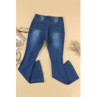 Dark Blue Mid Rise Button Front Flare Denim 