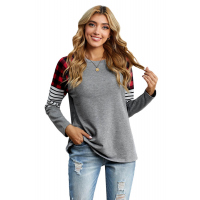 Gray Buffalo Plaid & Stripe Splicing Long Sleeve Top