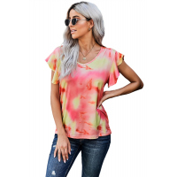 Orange Tie-dye Print Ruffled Sleeves T-shirt