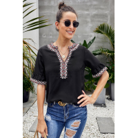 Black Boho Floral V Neck Casual Blouse