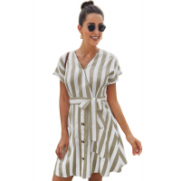 Khaki Fashion Stripe Short Sleeve Casual Dress