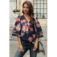 Red 3/4 Flared Sleeve Floral Blouse