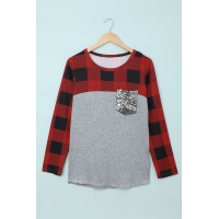 Plaid Print Patchwork Gray Long Sleeve Top