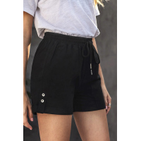 Black Elastic Waistband Pocket Drawstring Shorts with Button