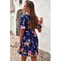 Dark Blue Ruffled Short Sleeve Floral Dress